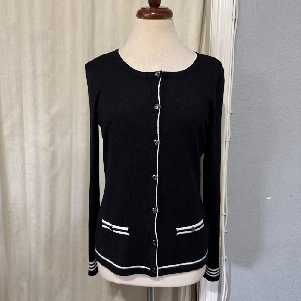 Karen Scott Petites Black White Trim Crew Neck Button Front Old Money Cardigan M